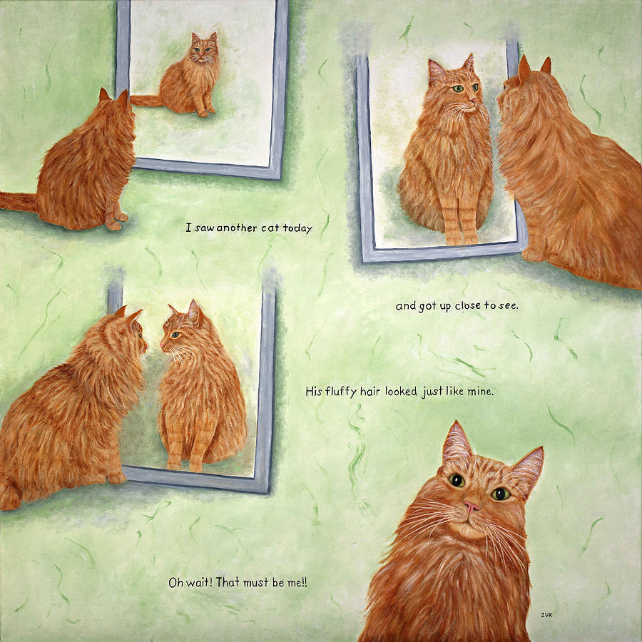 Cat In The Mirror Painting by Karen Zuk Rosenblatt