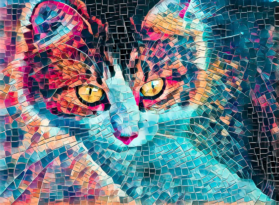 Cat Mosaic Orange Eyes Digital Art by Don Northup