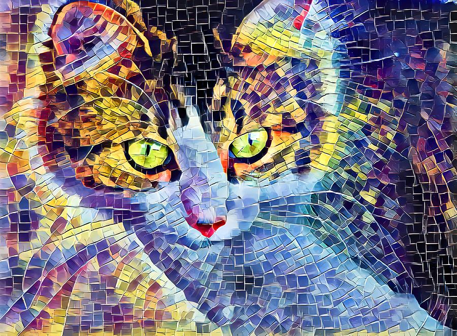 Cat Mosaic Yellow Eyes Digital Art by Don Northup