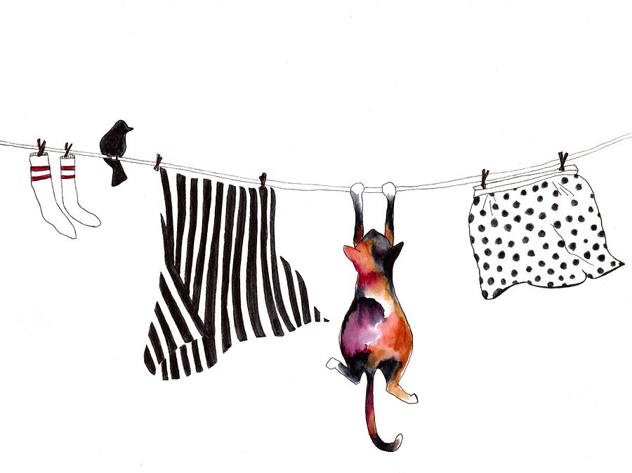 Black And White Mixed Media - Cat on a Clothesline by Quirks Of Art