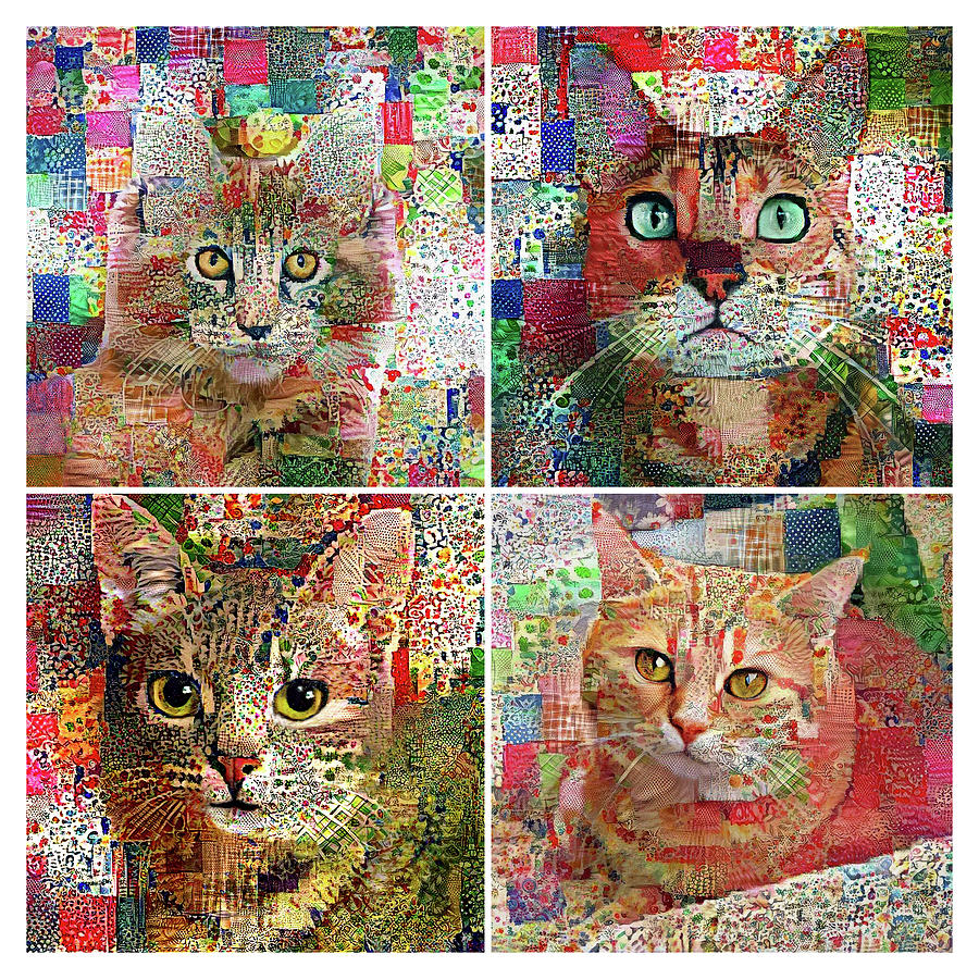 Cat Patchwork Quilt - 4 Blocks Digital Art by Peggy Collins