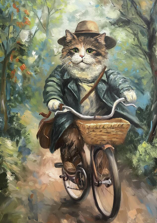 Cat Riding Bicycle In Forest Painting by Trendy Art Cat Riding Bicycle In Forest Painting by Trendy Art
