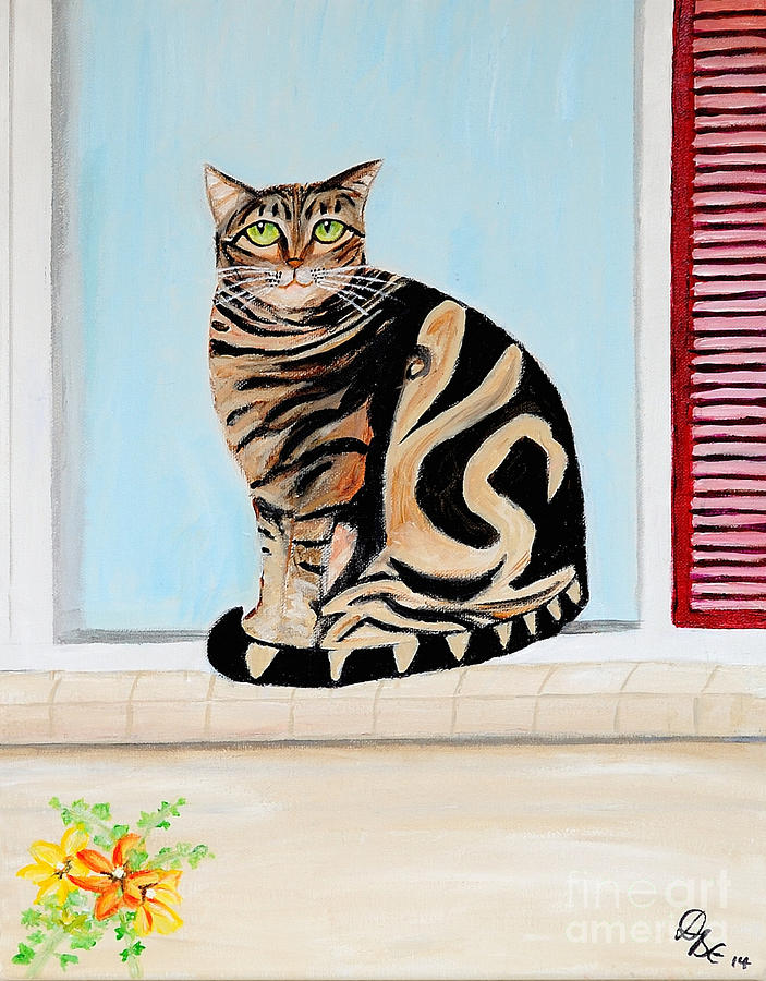 Cat Painting - Cat sitting on window sill by Art by Danielle
