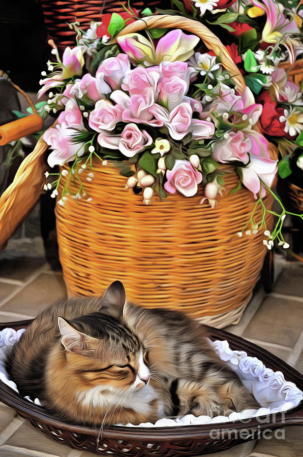 Cat sleeping among flowers Painting by George Atsametakis