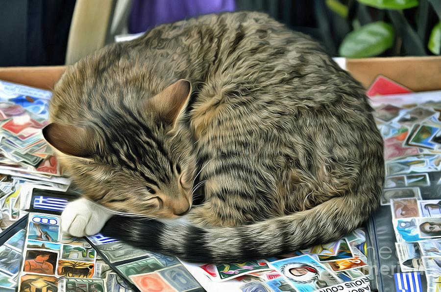 Cat sleeping on stamps Painting by George Atsametakis
