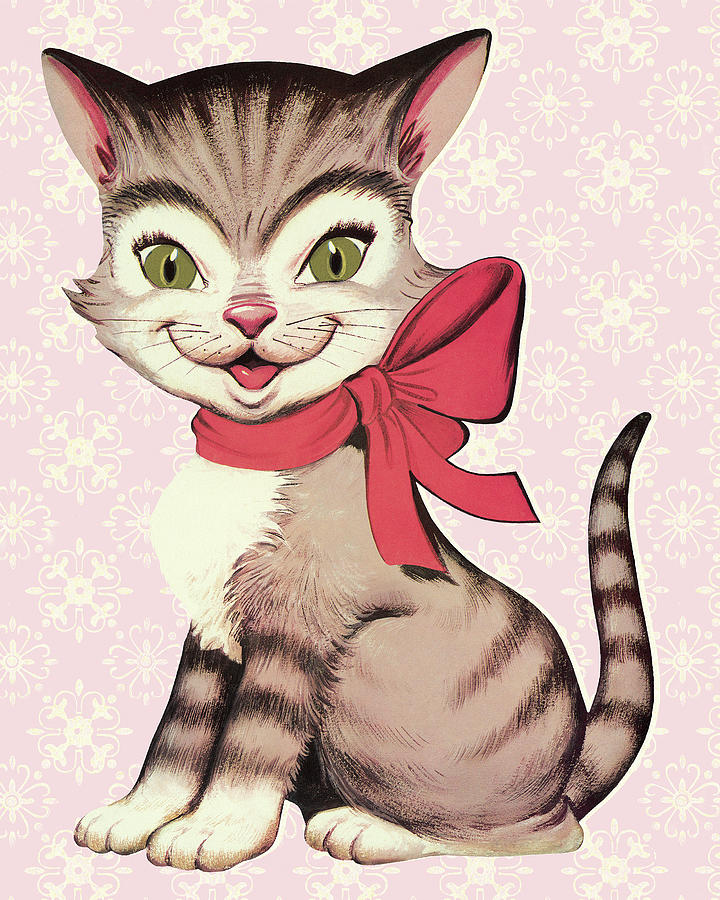 Vintage Drawing - Cat with Bow by CSA Images