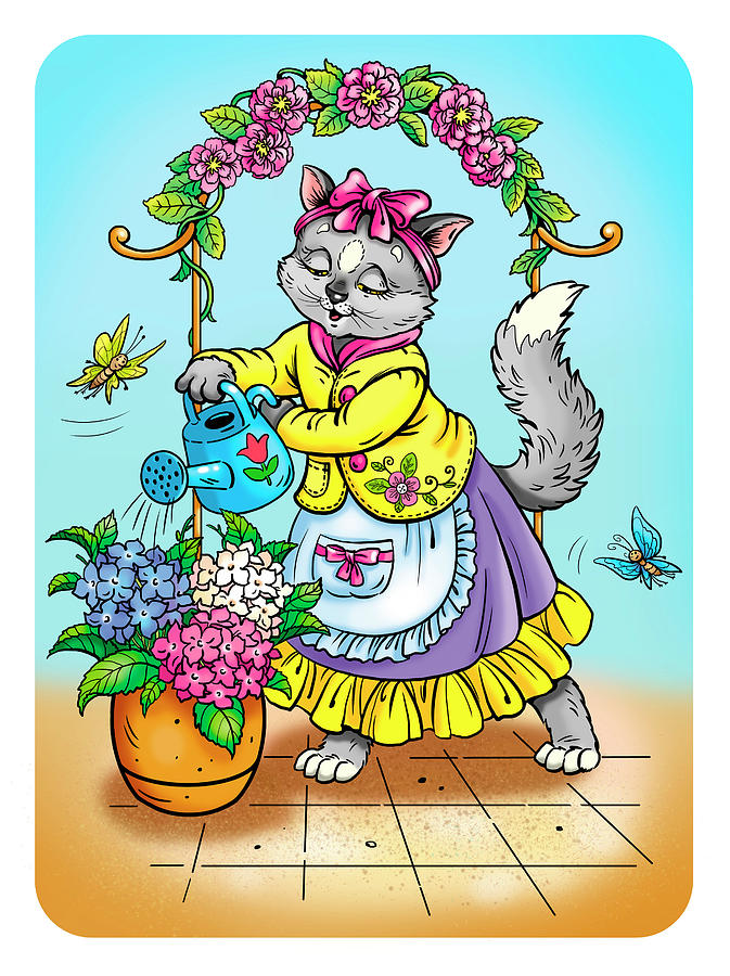 Flower Digital Art - Cat With Flowers by Olga Kovaleva