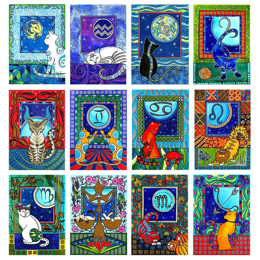 Cat Painting - Cat Zodiac Paintings  by Dora Hathazi Mendes