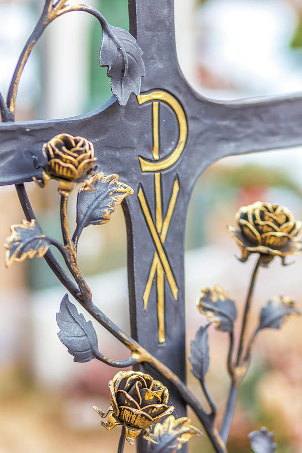 Catholic iron cross with roses and Greek letters Photograph by Vivida Photo PC