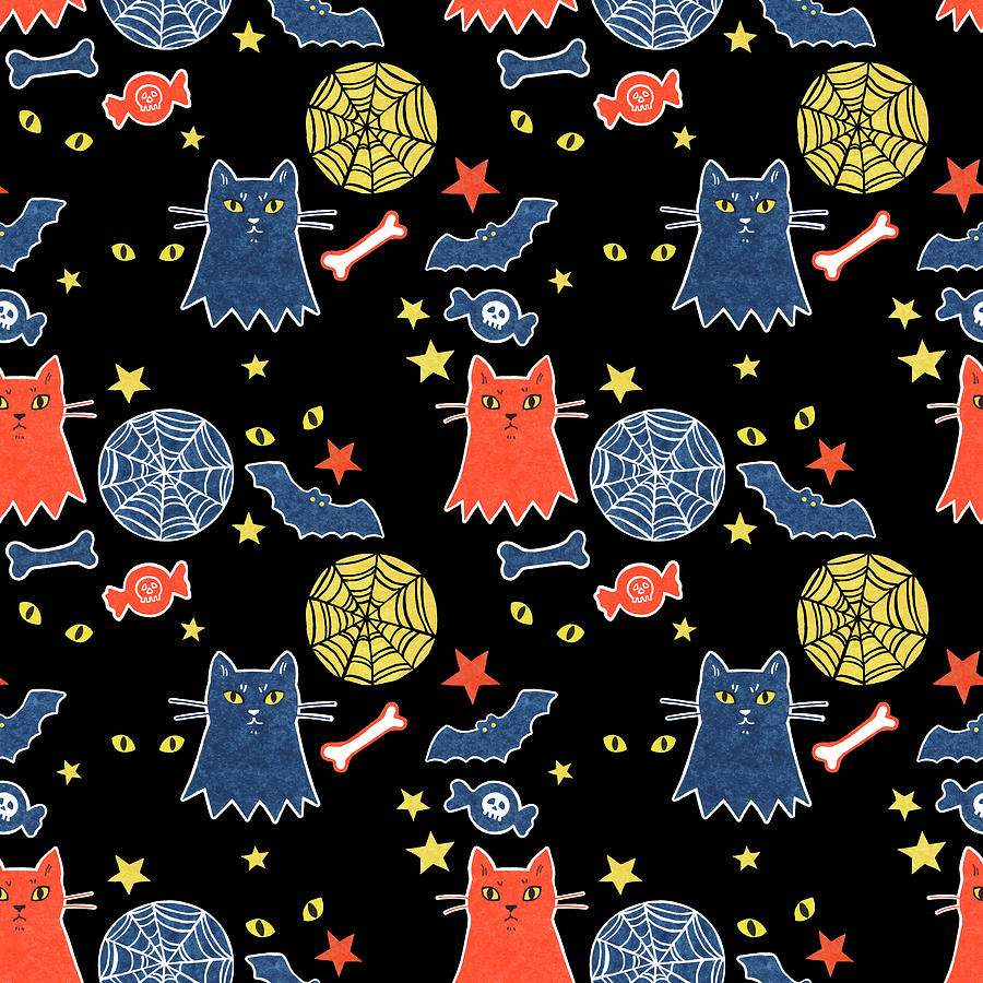 Halloween Digital Art - Cats And Bats by Anastasia Khoroshikh