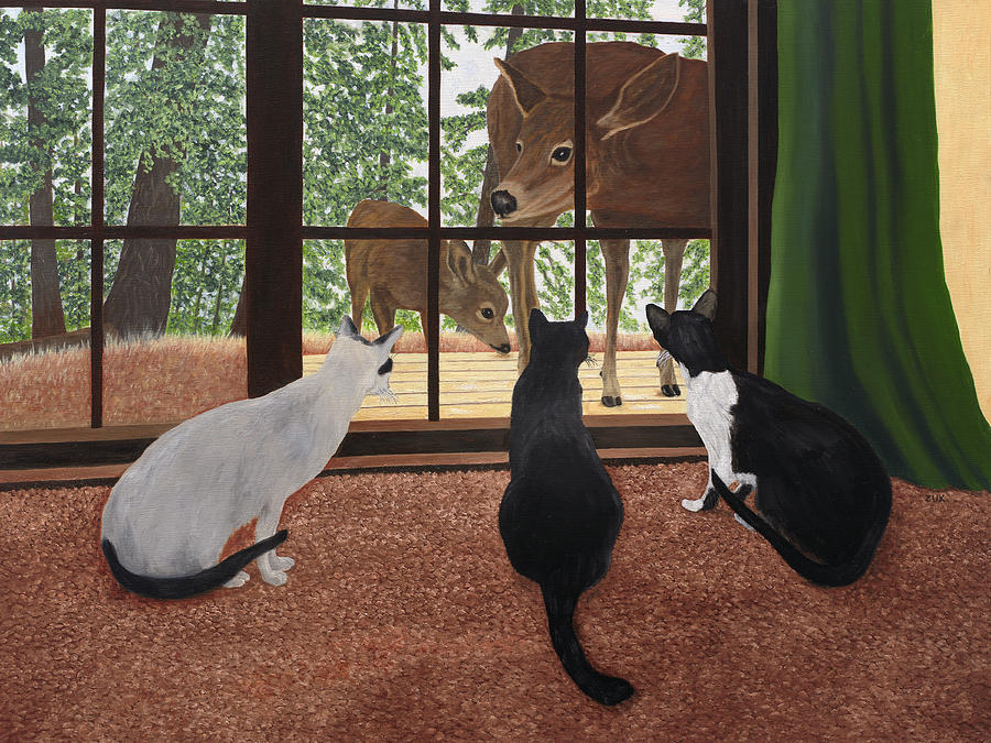 Deer Painting - Cats and Deer by Karen Zuk Rosenblatt