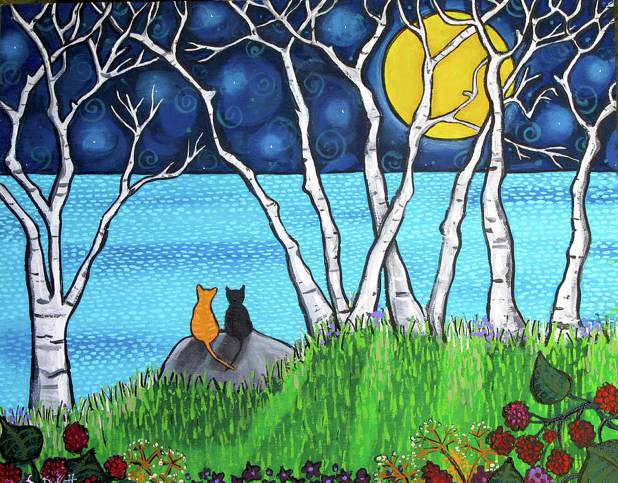 Cat Painting - Cats Birchtrees Ocean by Shelagh Duffett