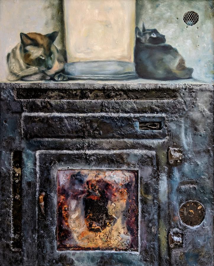 Cats on a stove Painting by Greg Hester