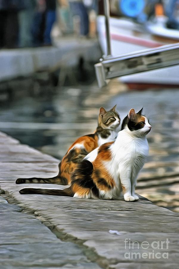 Cats on pier Painting by George Atsametakis