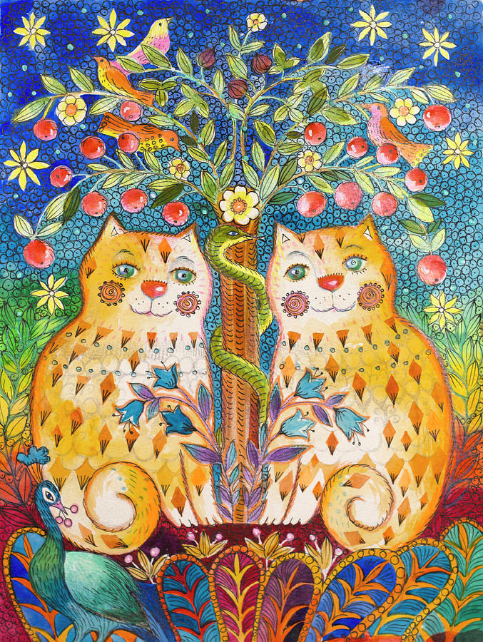 Tree Painting - Catsin The Garden Of Eden by Oxana Zaika