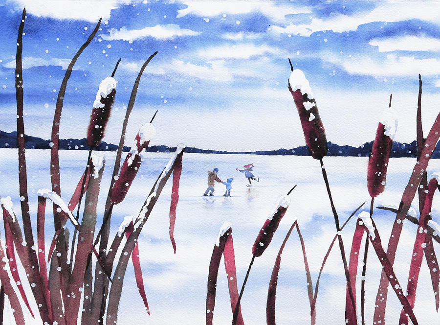Cattails in Snow with distant skaters Painting by Heidi E Nelson