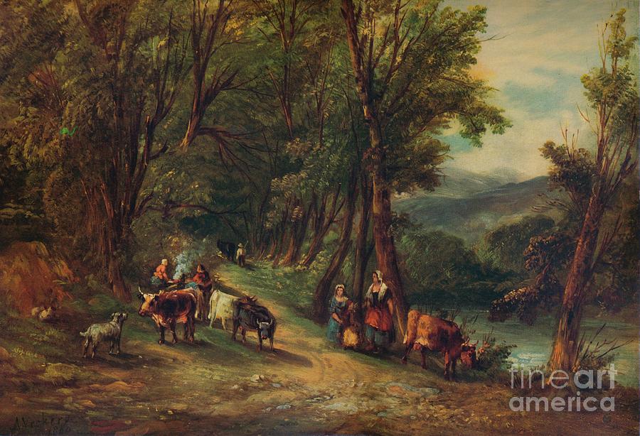 Cattle And Figures In Wooded Valley Drawing by Print Collector