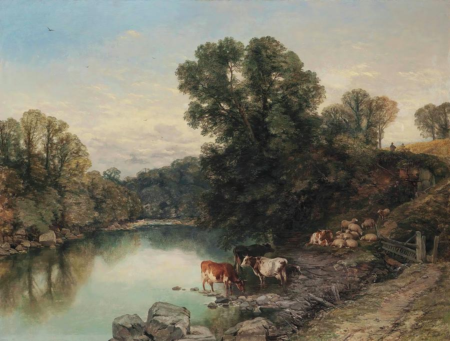 Cow Painting - Cattle And Sheep At The Rivers Edge by Thomas Sidney Cooper