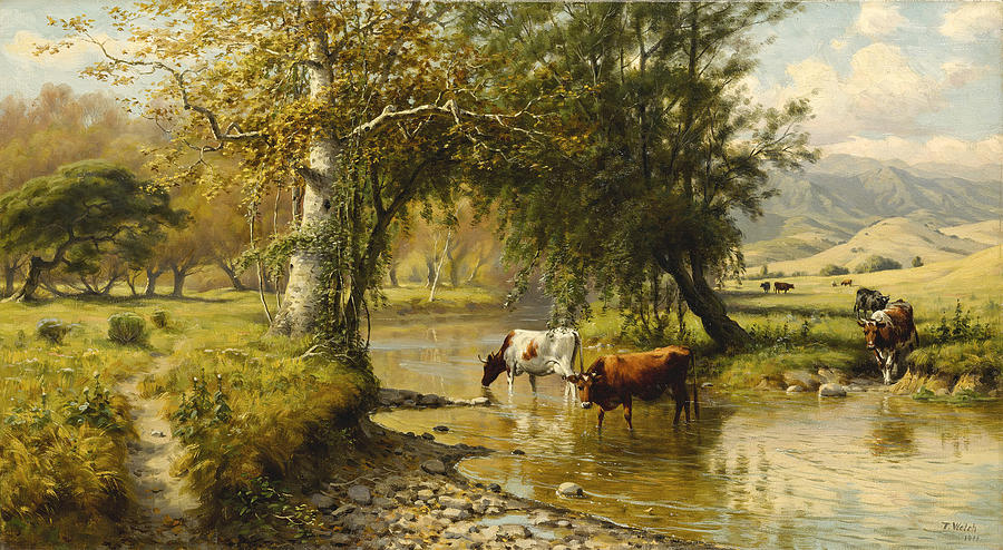 Cattle watering under an Oak Tree Painting by Thaddeus Welch