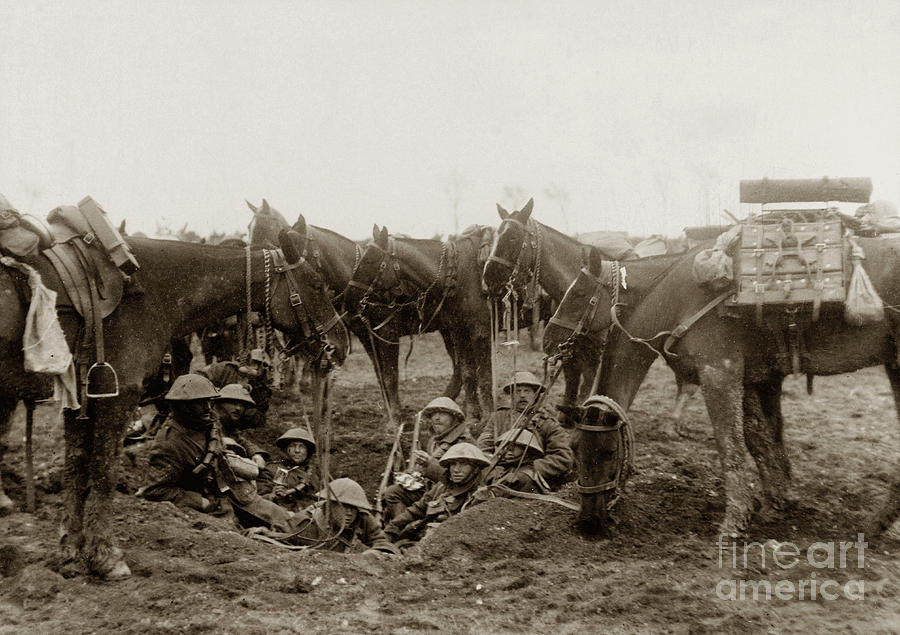 Horse Photograph - Cavalrymen Resting In A Shell Hole by English Photographer
