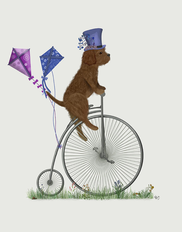 Cavapoo Brown On Penny Farthing Painting by Fab Funky