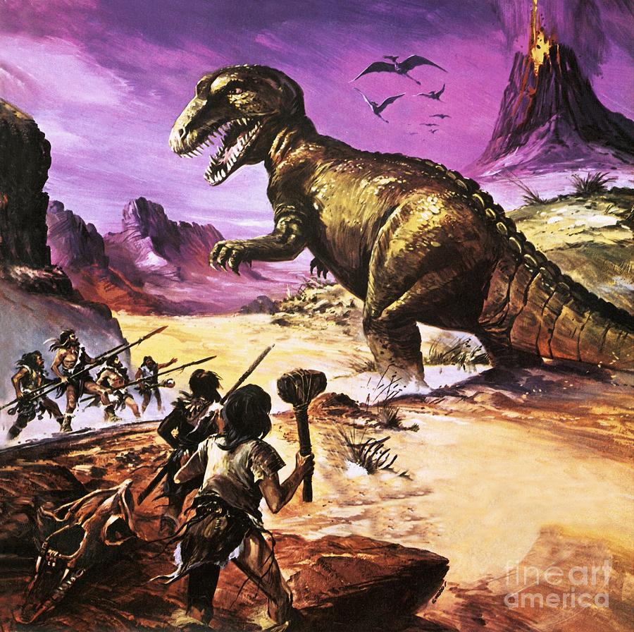Cavemen, Dinosaur And Volcano Painting by Gerry Wood Pixels