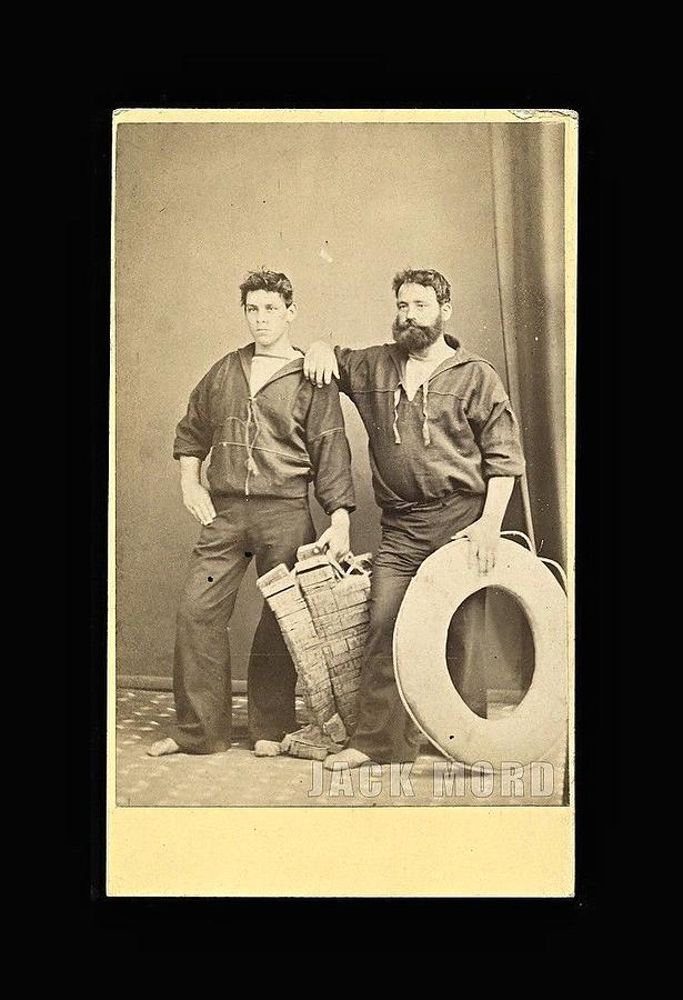 CDV Photo Handsome Sailor Friends with Life Preserver   Cork Jacket Painting by Celestial Images