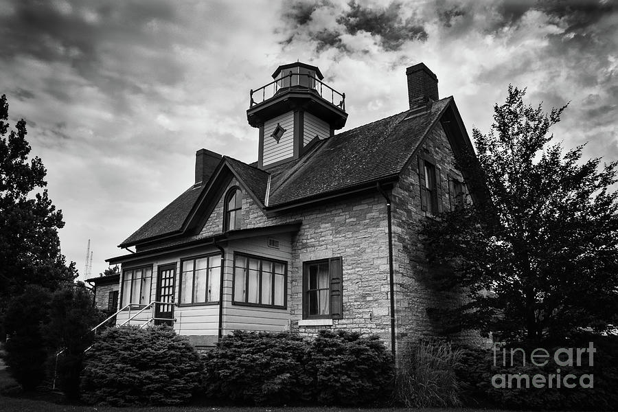 Cedar Point Lighthouse in Black and White Coastal Landscape Photograph Digital Art by PIPA Fine Art - Simply Solid