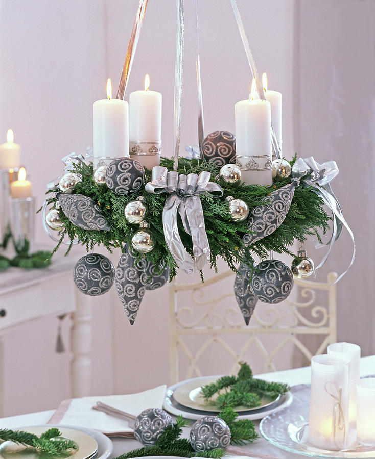 Ceiling Wreath With White Candles And Gray-silver Tree Ornaments On Cryptomeria Photograph by Friedrich Strauss