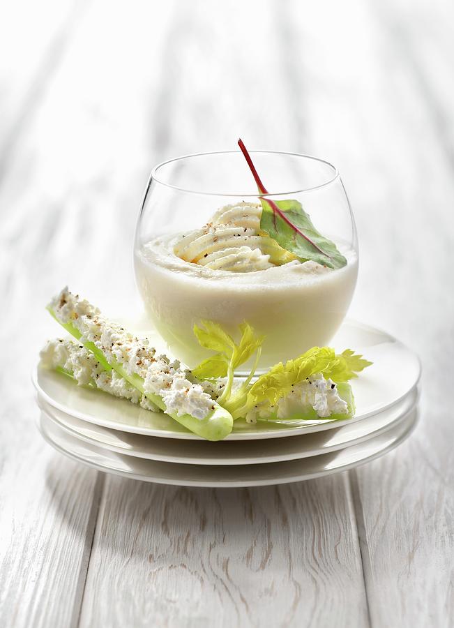 Celeriac Cappuccino, Celery Stalks With Goats Cheese Photograph by Studio