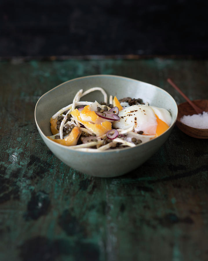 Celeriac,lentil,haddock And Red Onion Salad With A Soft-boiled Egg Photograph by Carnet