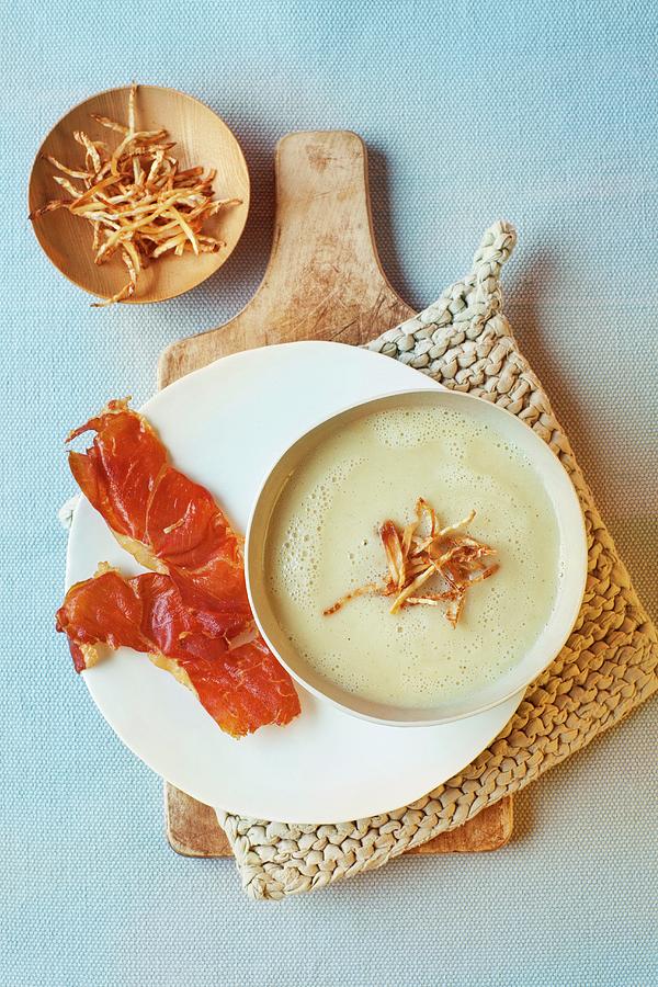 Celery And Prosecco Soup With Serrano Chips Photograph by Stephanie Gayer