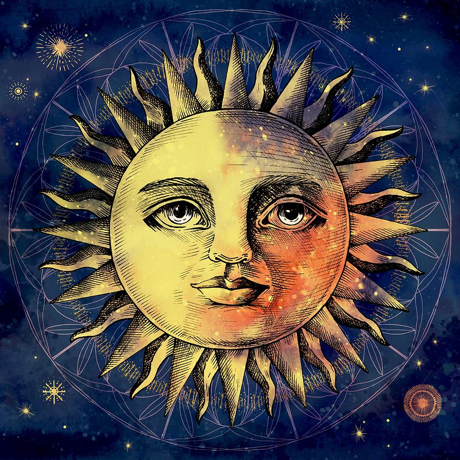 Celestial Antique Sun And Sky Watercolor Batik Painting By Little Bunny Sunshine