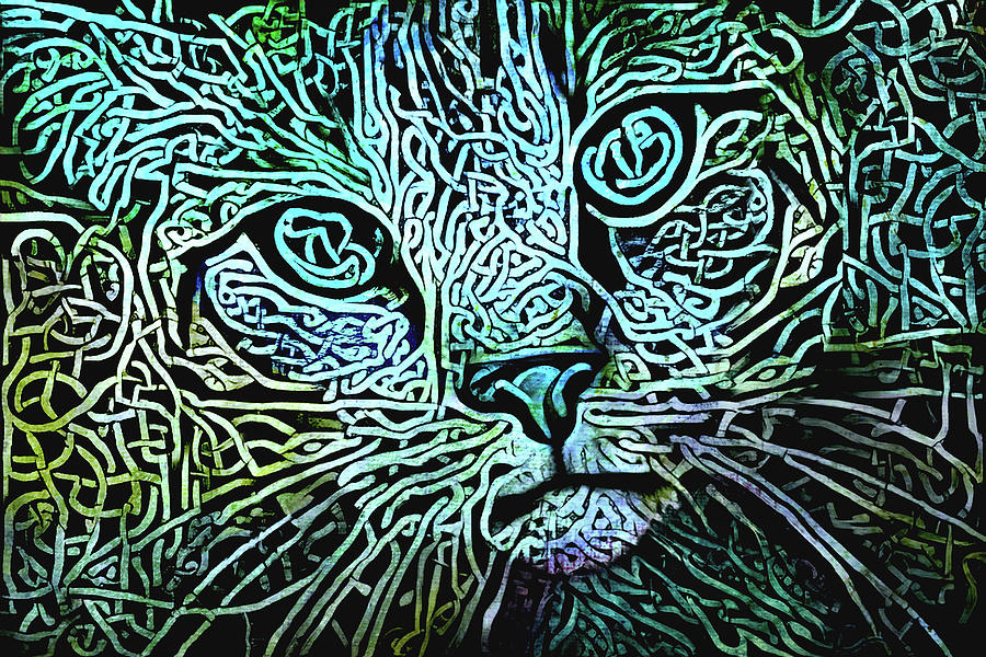 Celtic Knot Cat - Blue and Green Digital Art by Peggy Collins