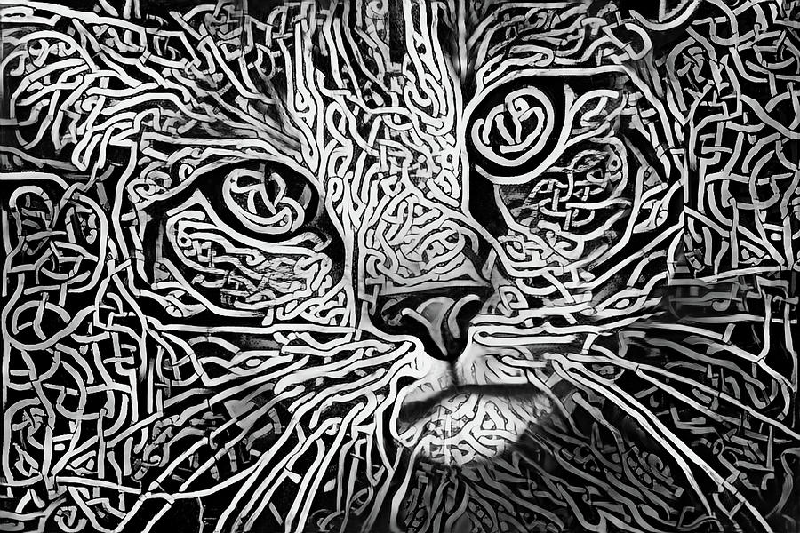 Celtic Knot Tabby Cat - Black and White Version Digital Art by Peggy Collins