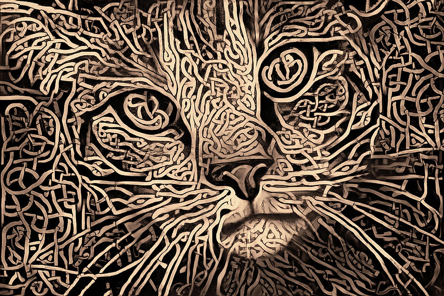 Celtic Knot Tabby Cat - Sepia Version Digital Art by Peggy Collins
