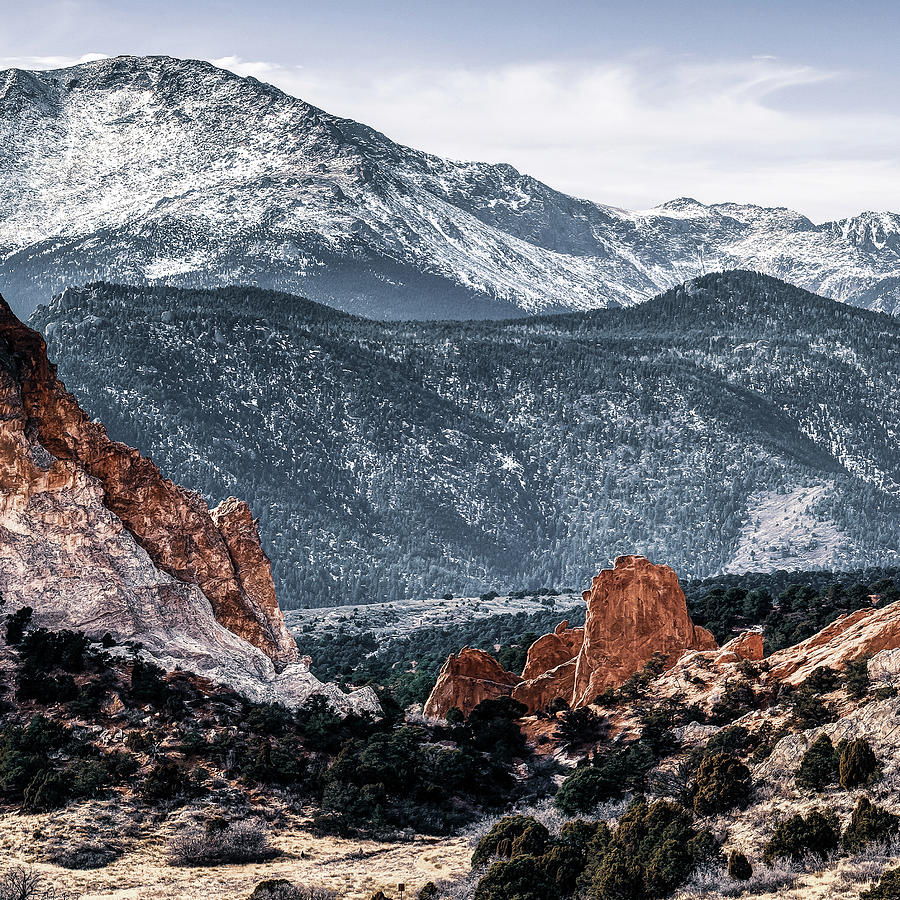 Colorado Springs Photograph - Center Panel 2 of 3 - Pikes Peak Panoramic Mountain Landscape with Garden of the Gods by Gregory Ballos