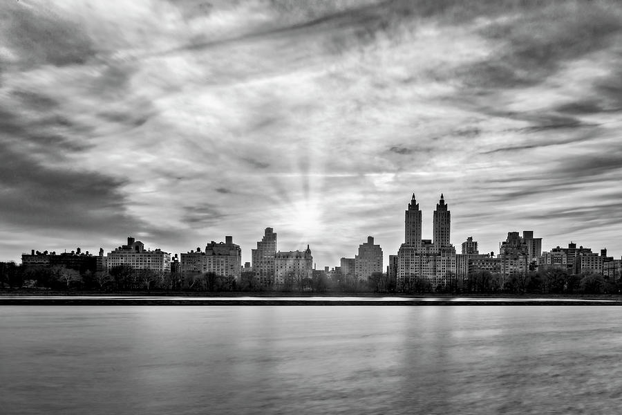 Central Park Lake NYC Skyline BW Photograph by Susan Candelario