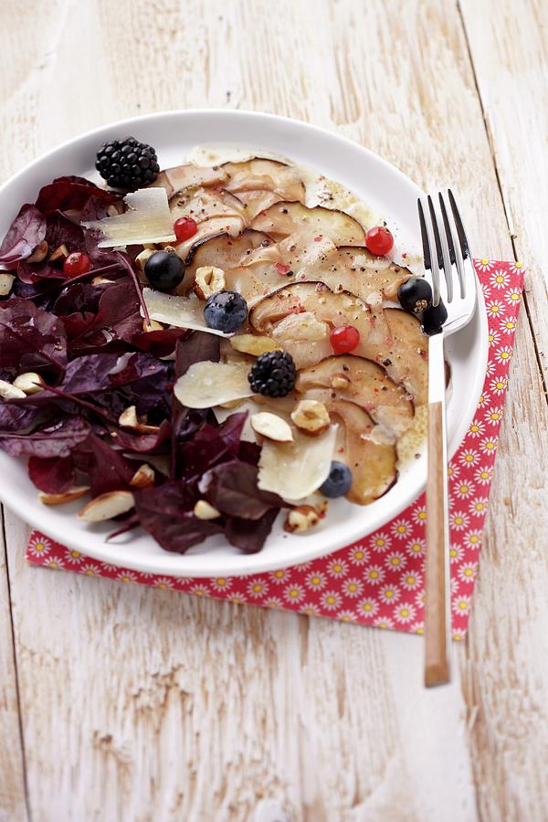 Cep Carpaccio With Wild Berries And Dried Fruit,purple Basil Photograph by Nicoloso