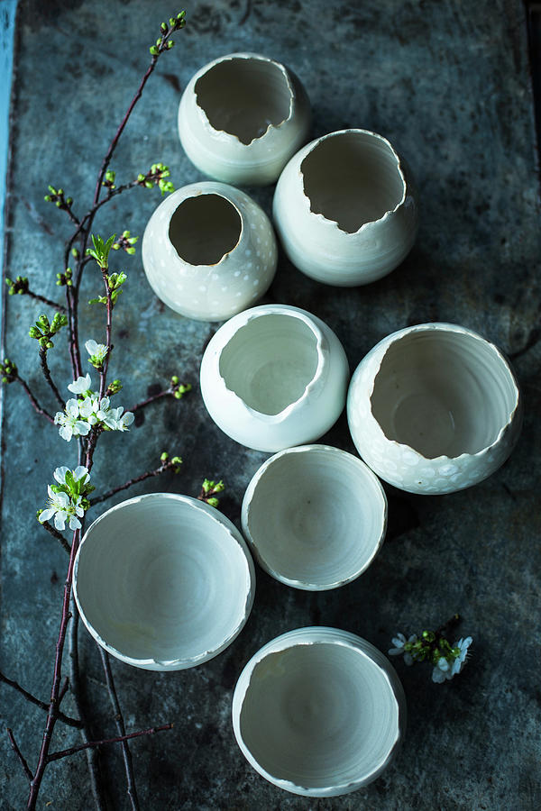 Ceramic Eggs And Cherry Blossoms For Easter Photograph by Katrin Winner