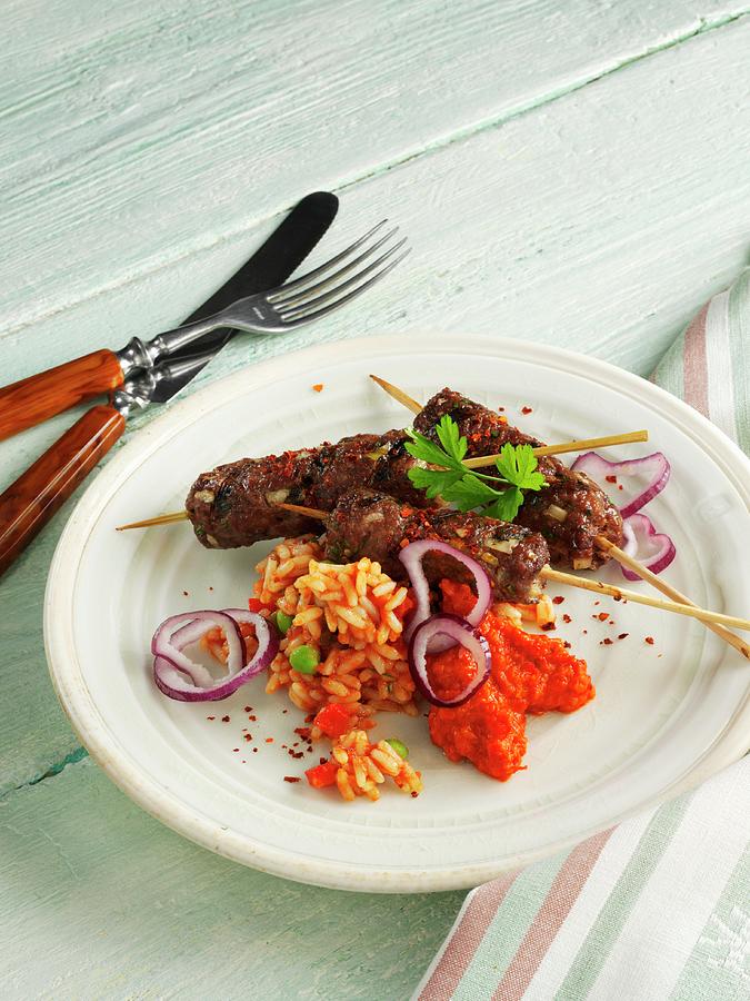 Cevapcici With Tomato Rice And Onions Photograph by Karl Newedel