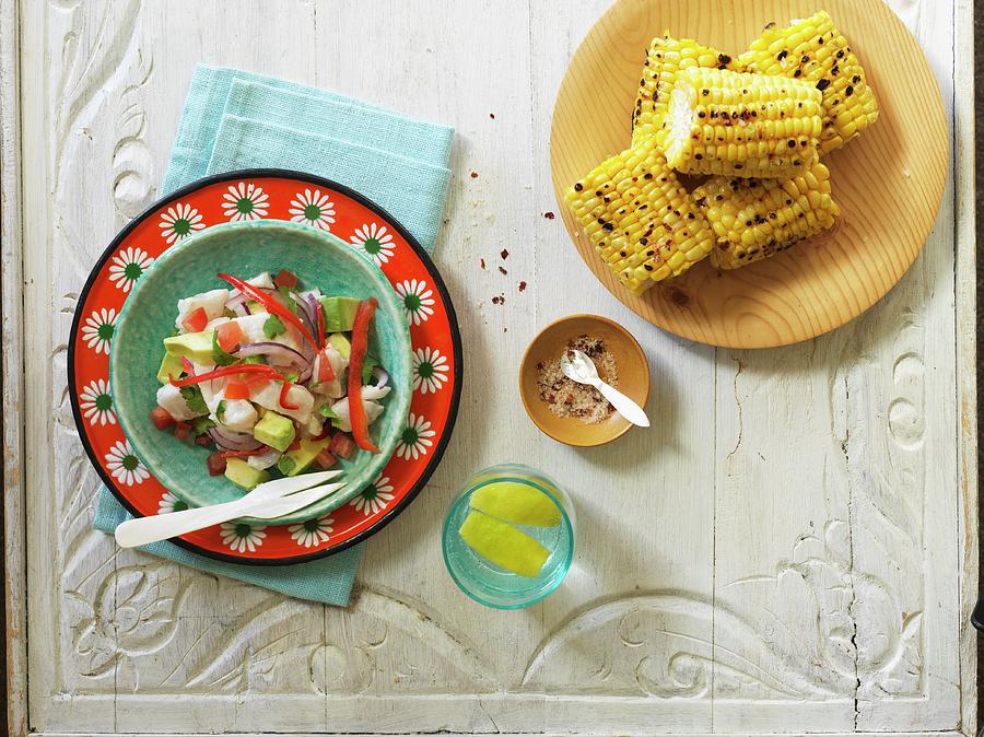 Ceviche Aand Grilled Corn Cobs latin America Photograph by Shaun Cato-symonds