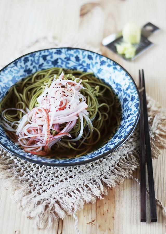 Cha Soba buckwheat Noodles With Green Tea In Broth, Garnished With Surimi Strips Photograph by Haidee Vaquer