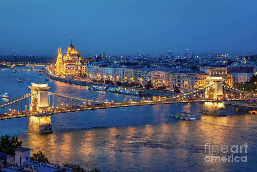 Architecture Photograph - Chain bridge and Budapest parliament at night by Delphimages Photo Creations