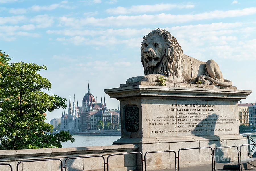 Architecture Photograph - Chain Bridge lions and Parliament of Budapest by Ulysse Pixel