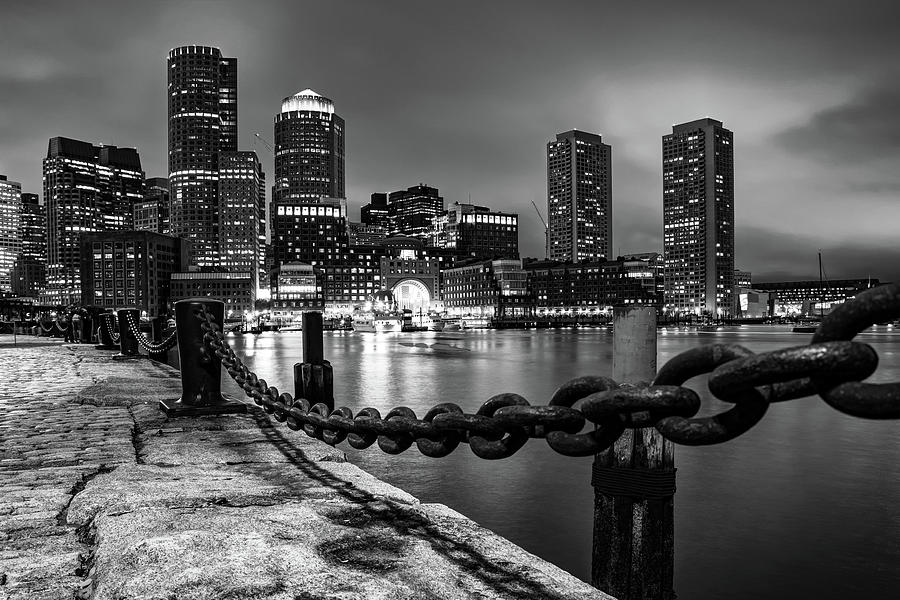 Chain Link Boston Skyline in Black and White Photograph by Gregory Ballos