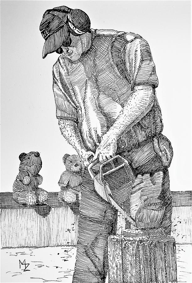 Chainsaw Sculpting Drawing by Margaret Zabor