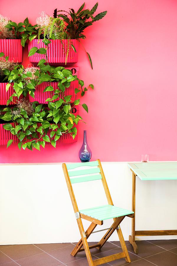 Chair And Table Below Decorative Planters Mounted On Wall In Caf Perlavia vienna, Austria Photograph by Sandra Krimshandl-tauscher