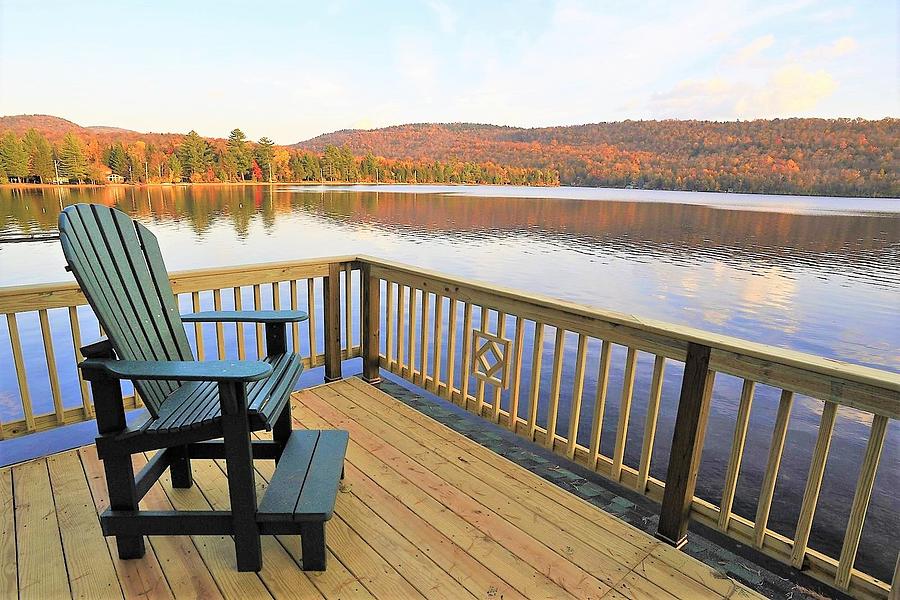 Chair Overlooking Mountain Lake Photograph by Brennan Raab