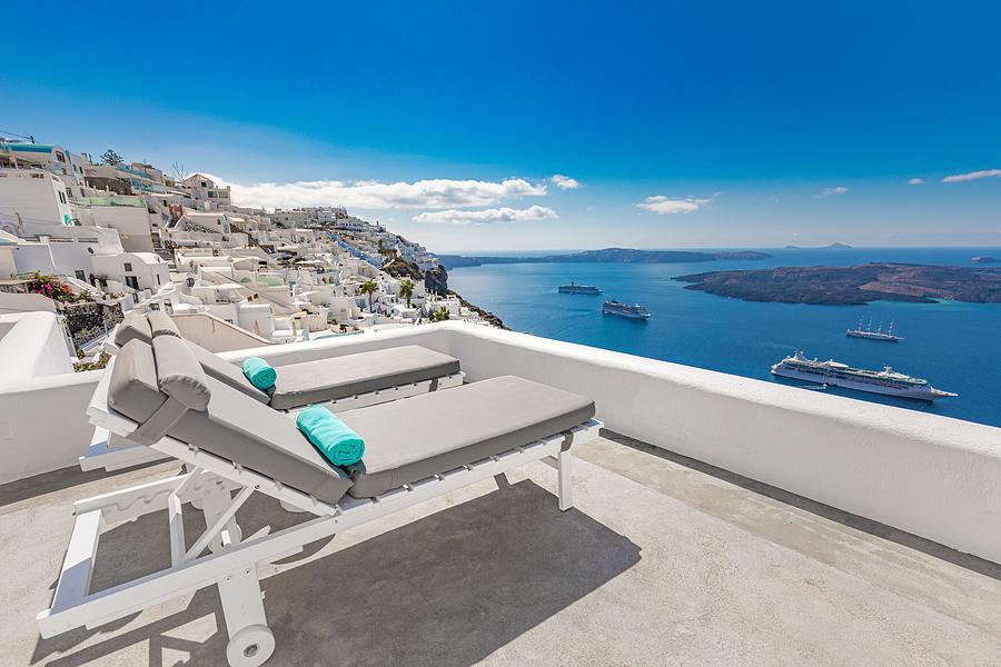 Greek Photograph - Chaise Lounge In Santorini, Greece by Levente Bodo